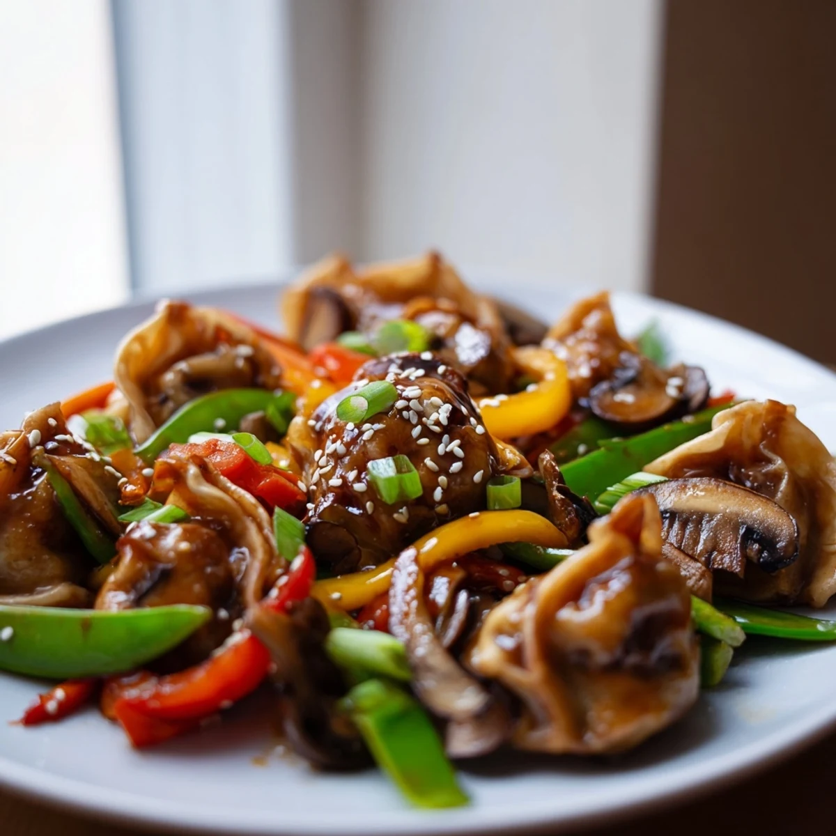 Pan-fried potstickers served with snap peas peppers and carrots in a rich Asian glaze
