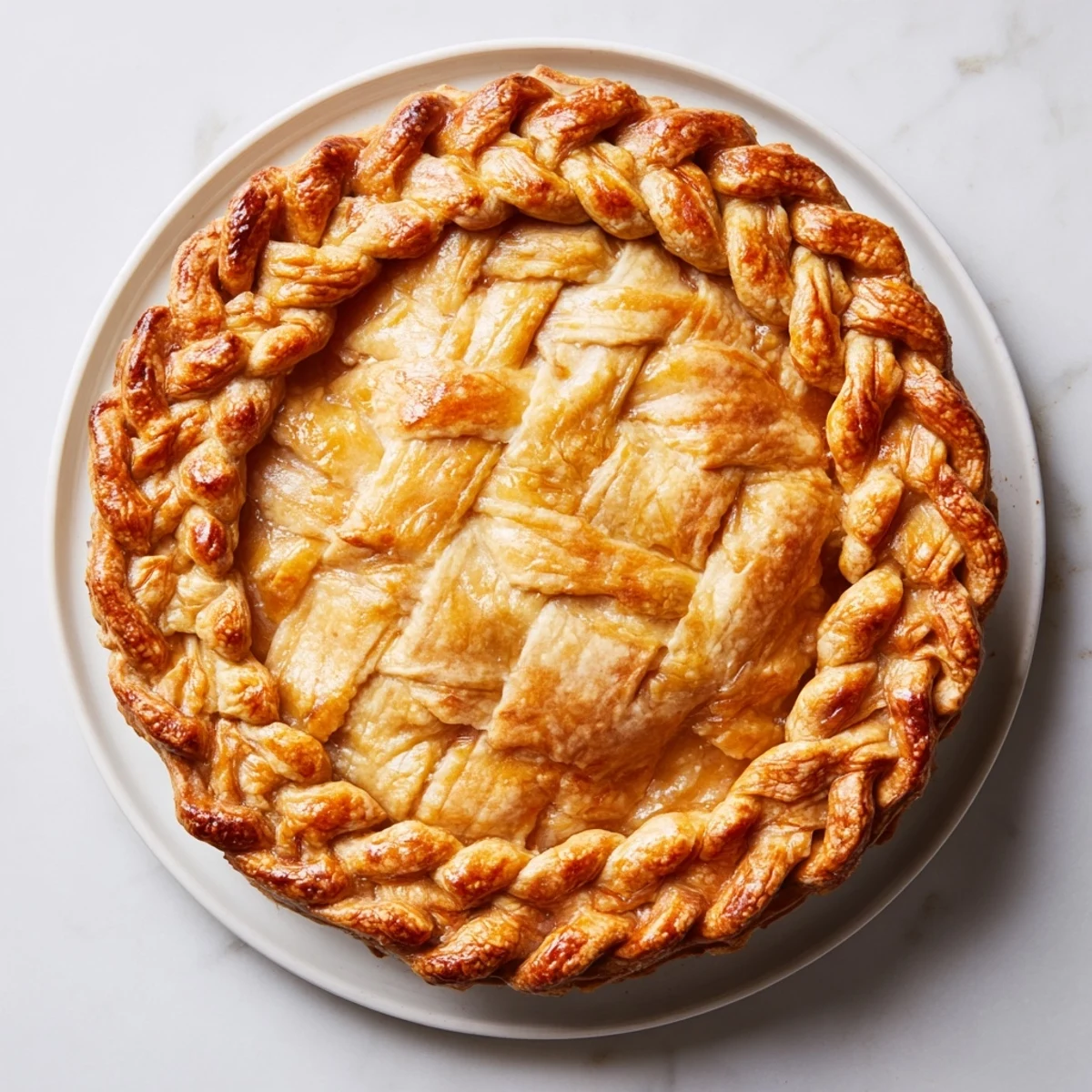 Golden brown fishtail braid pie crust woven around a fruit pie with glossy egg wash finish
