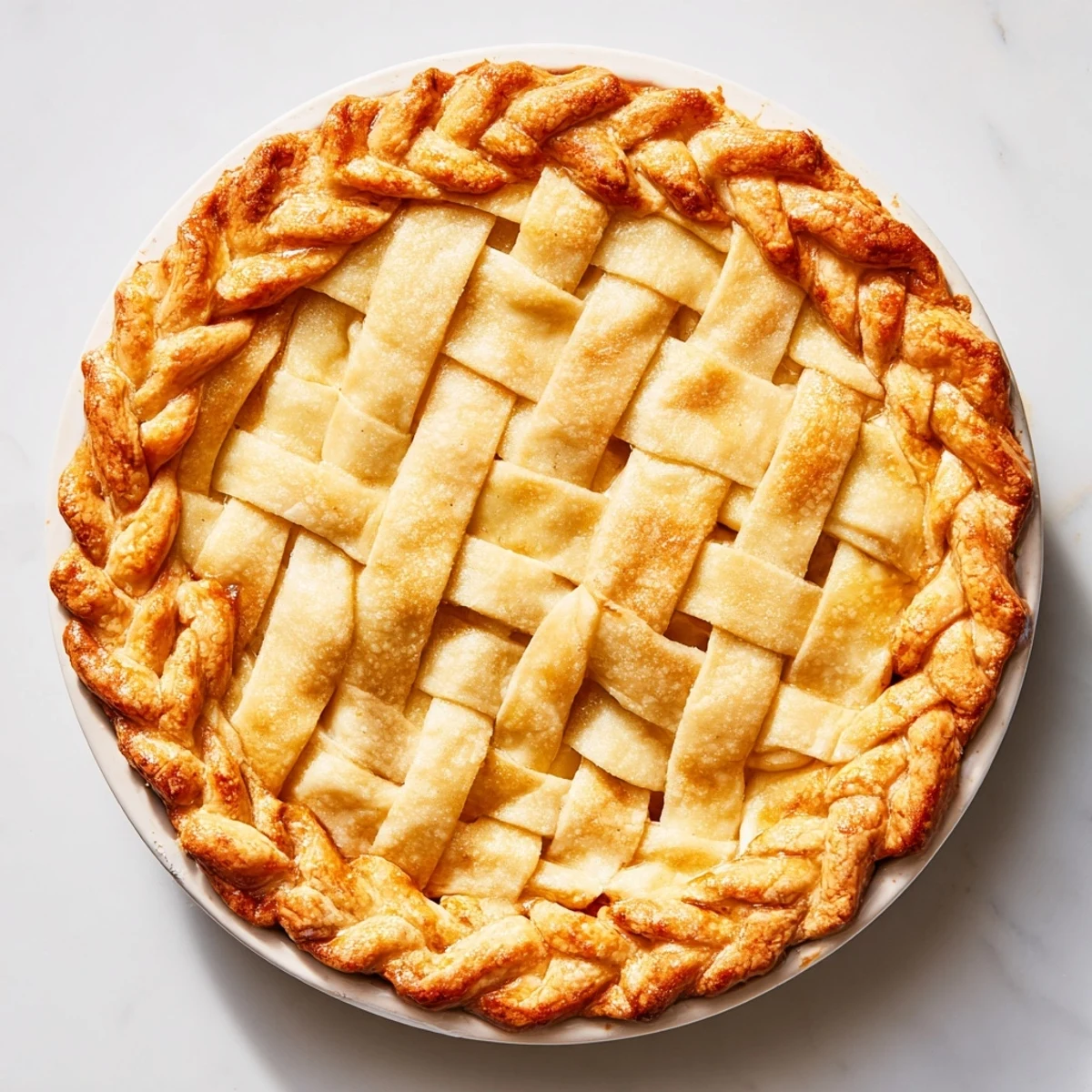 Close-up of woven fishtail braid pie crust edge decorating a baked pie with flaky texture