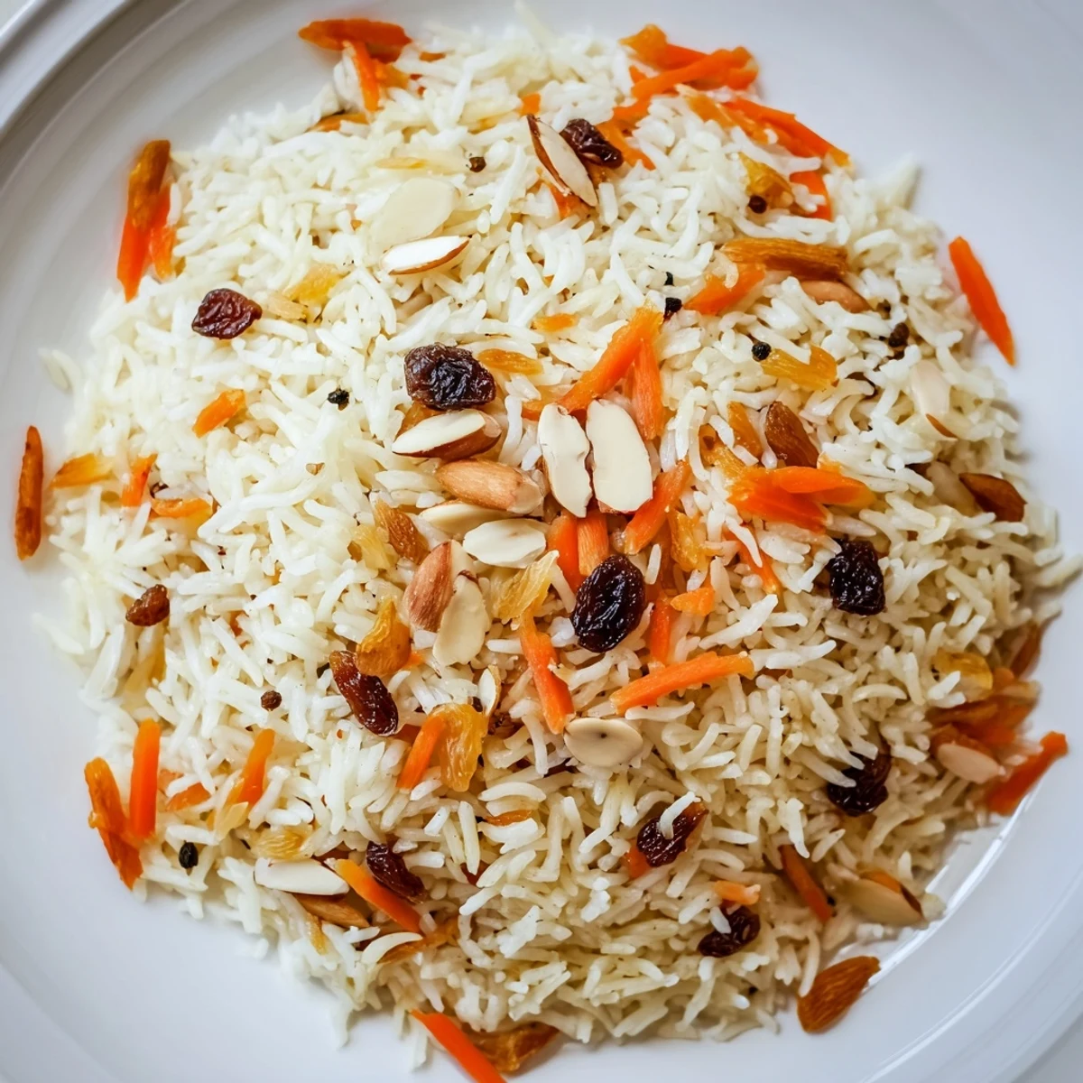 Golden Afghan rice steaming in a pot topped with caramelized carrots and plump raisins