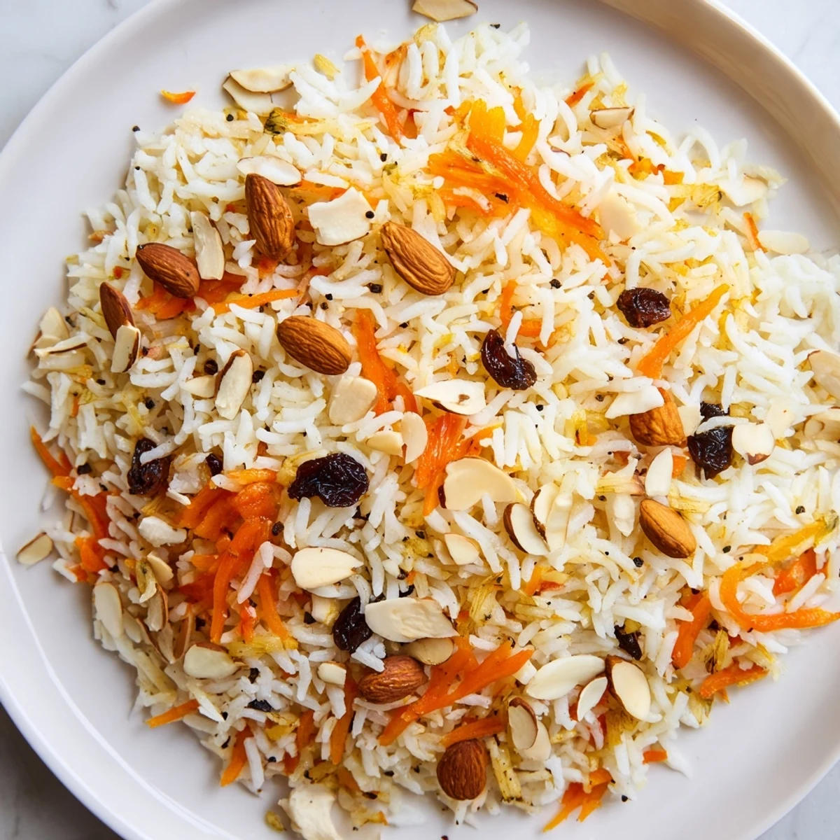 Fragrant Afghan rice garnished with fresh cilantro and toasted almonds on a white serving platter