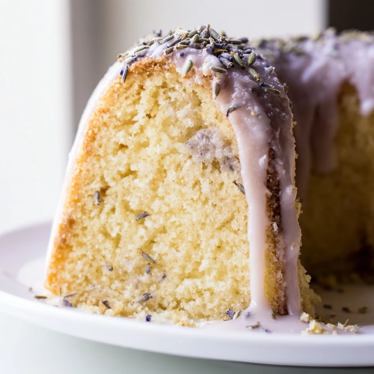 Lavender cake with lemon glaze drizzled over a tender crumb on a vintage plate
