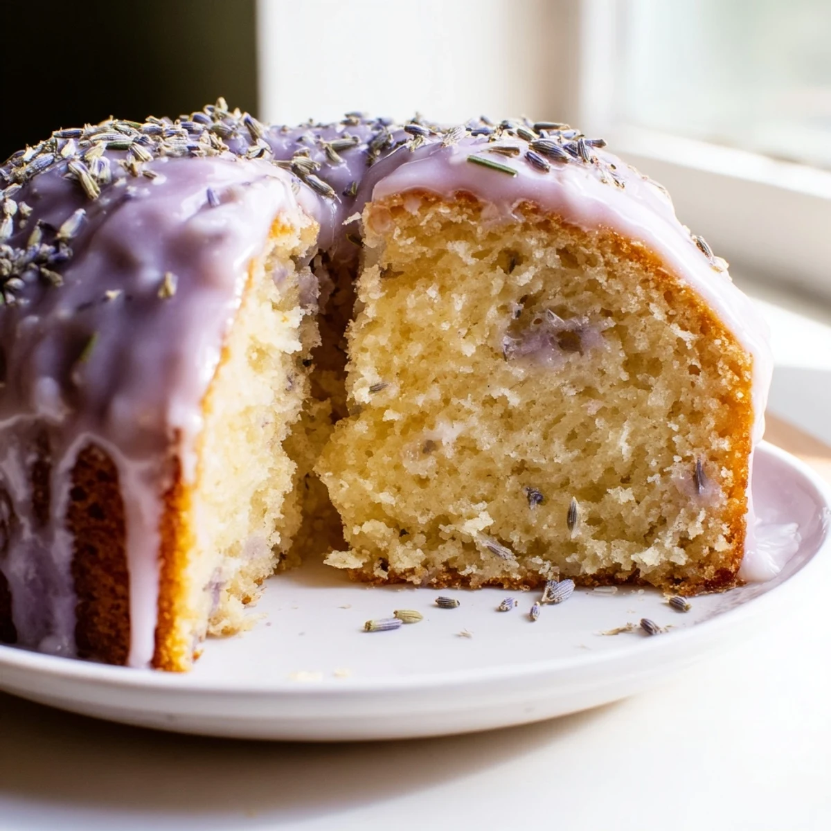 Soft purple-hued lavender cake sliced and served on a delicate porcelain dessert plate