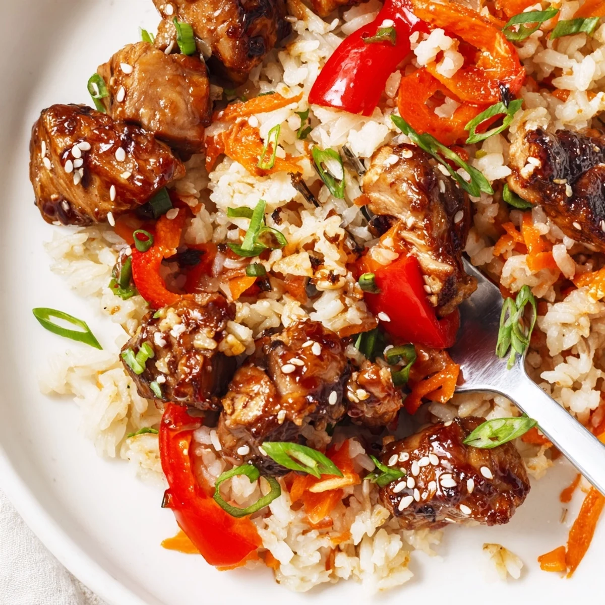 One Pan Korean BBQ Chicken and Rice in a cast iron skillet topped with sesame seeds