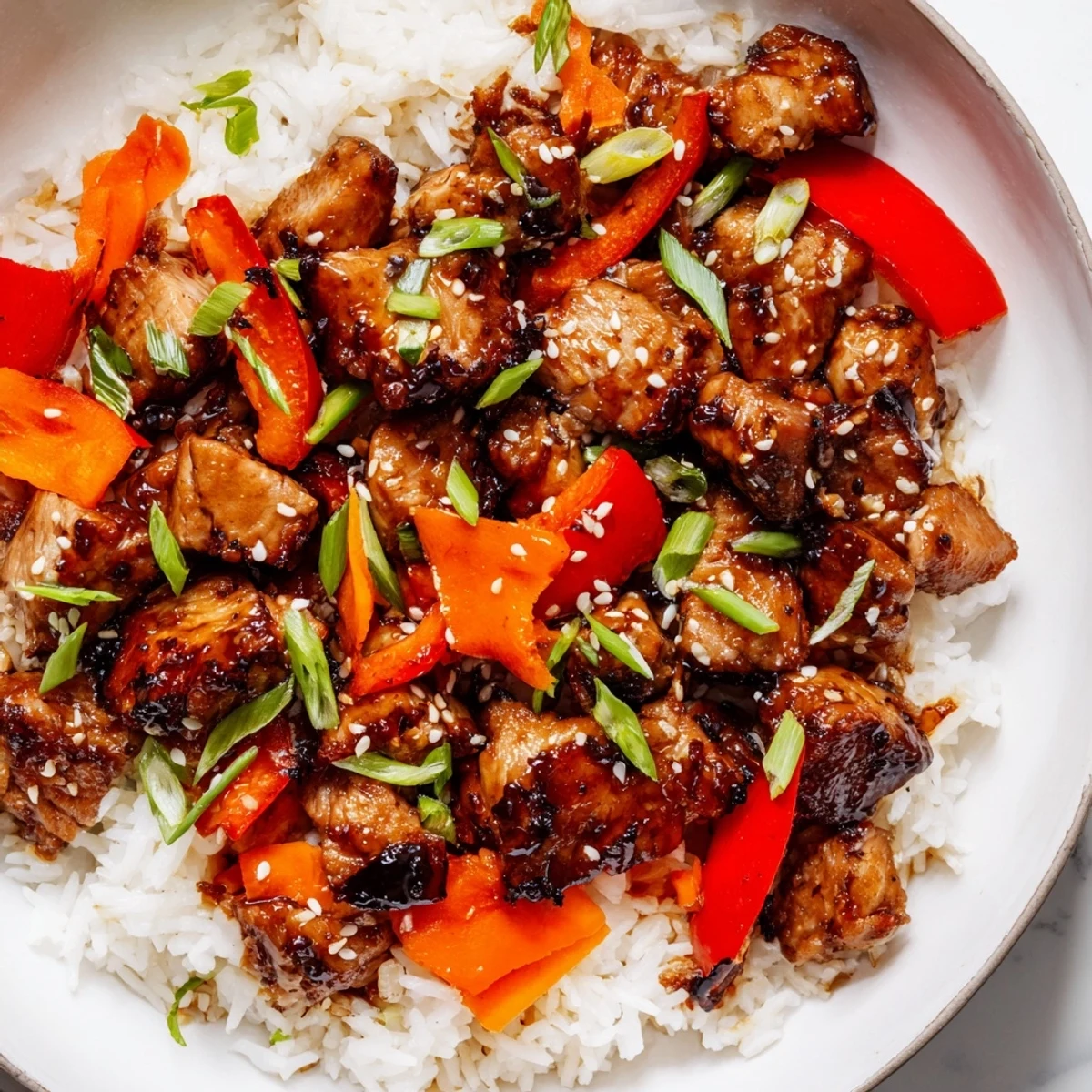 Tender glazed chicken and vegetables served over fluffy One Pan Korean BBQ Chicken and Rice