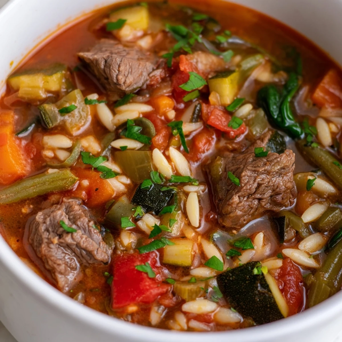 Steaming bowl of hearty beef and orzo soup garnished with fresh parsley