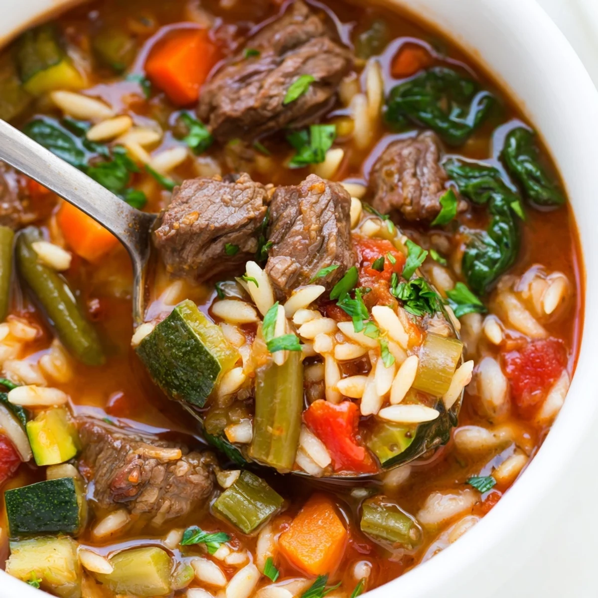 Hearty beef and orzo soup loaded with tender vegetables in savory broth