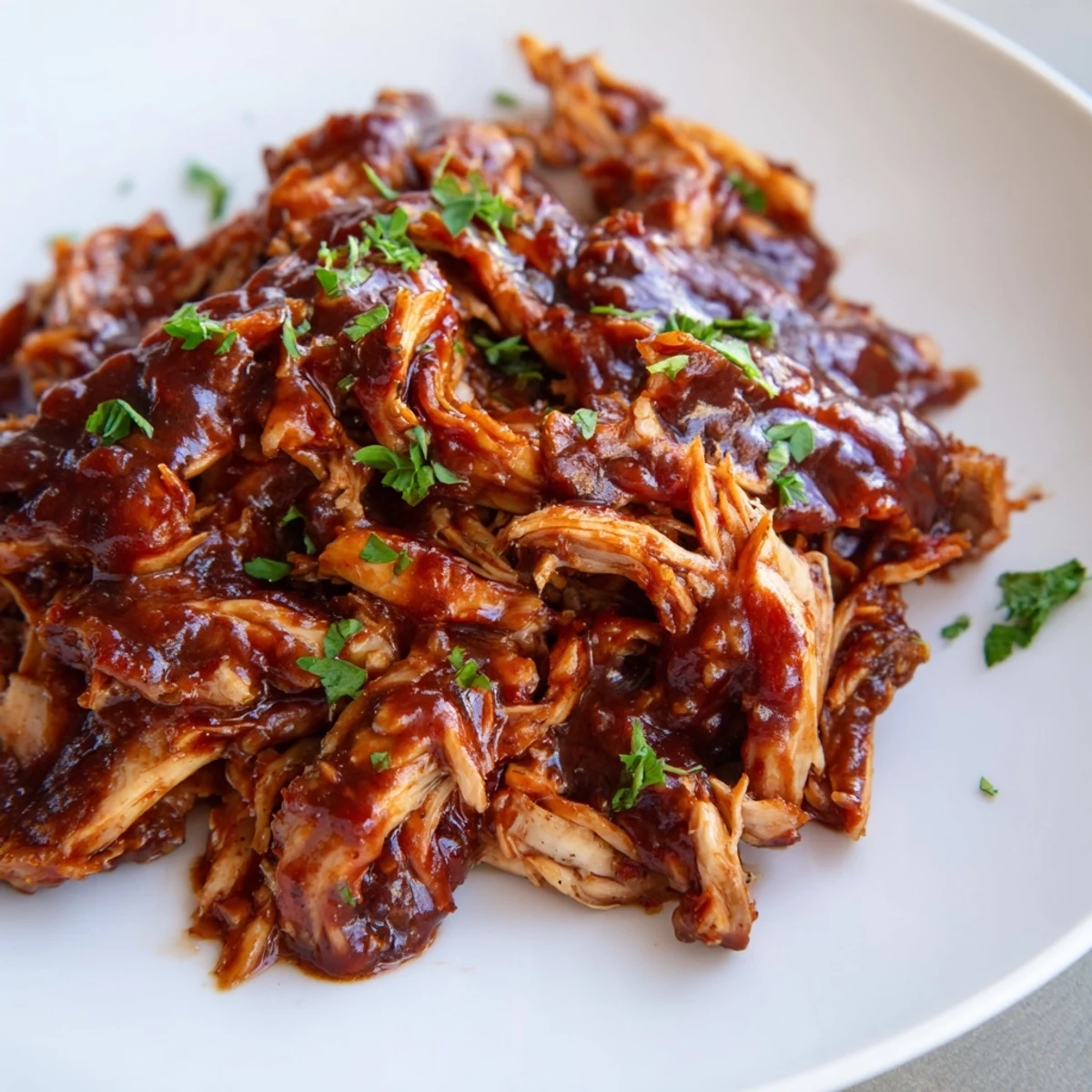 Tender Sweet Baby Ray's Crockpot Chicken glazed with rich barbecue sauce on a white plate
