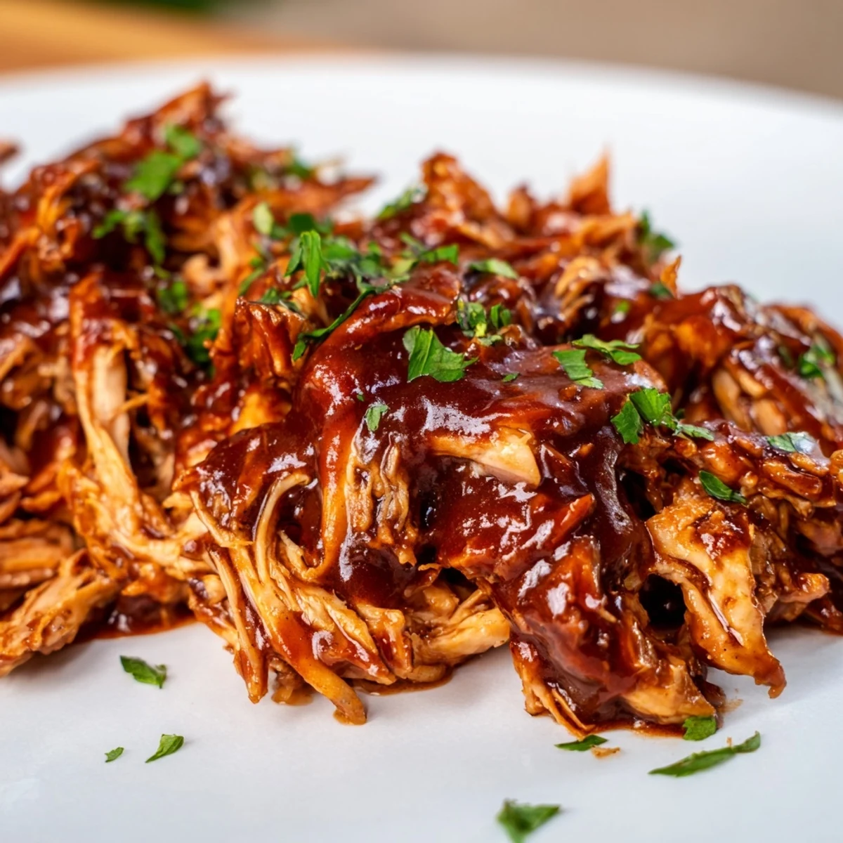 Slow-cooked Sweet Baby Ray's Crockpot Chicken shredding apart revealing juicy meat coated in sauce