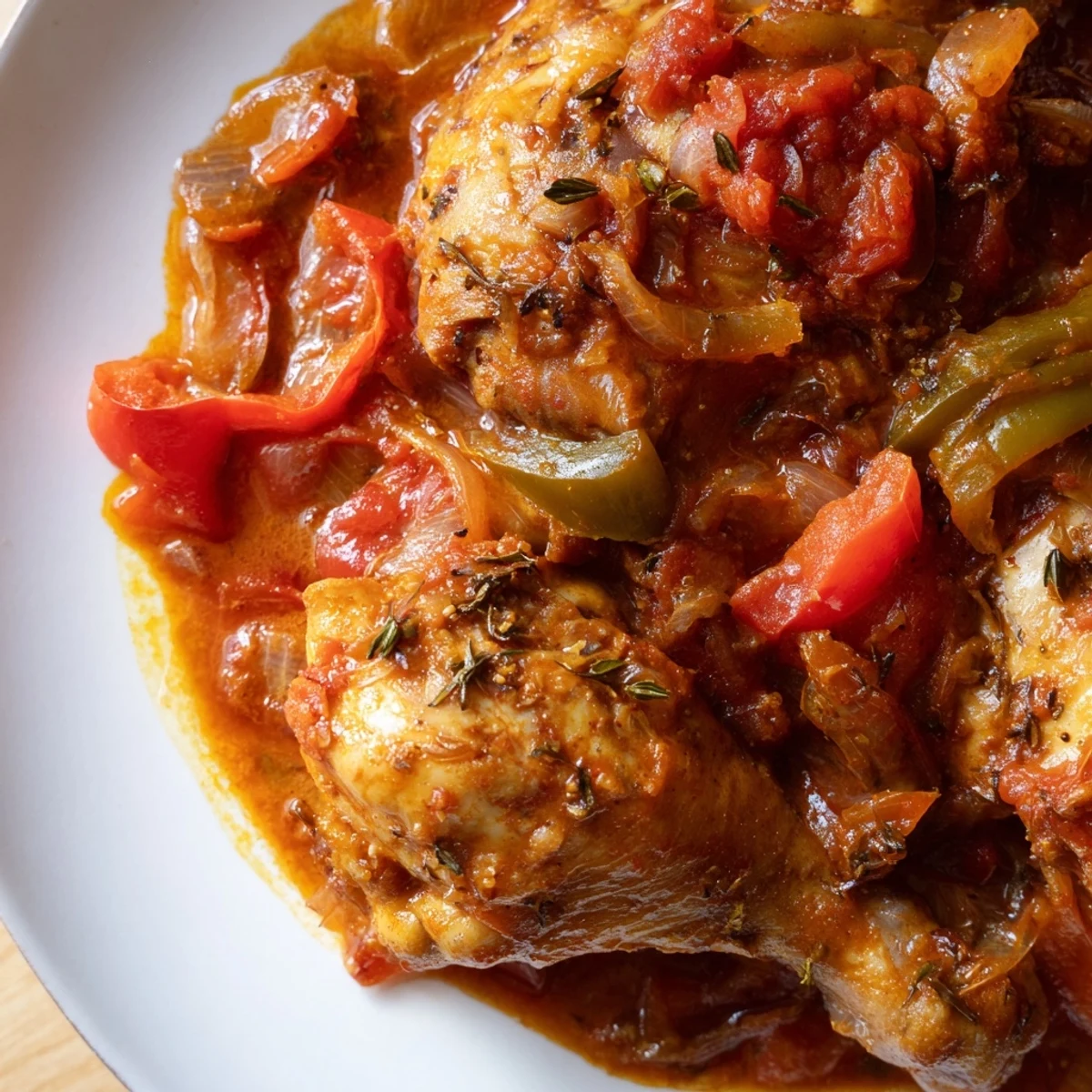 Tender Senegalese chicken simmered in rich tomato sauce with colorful bell peppers and aromatic spices