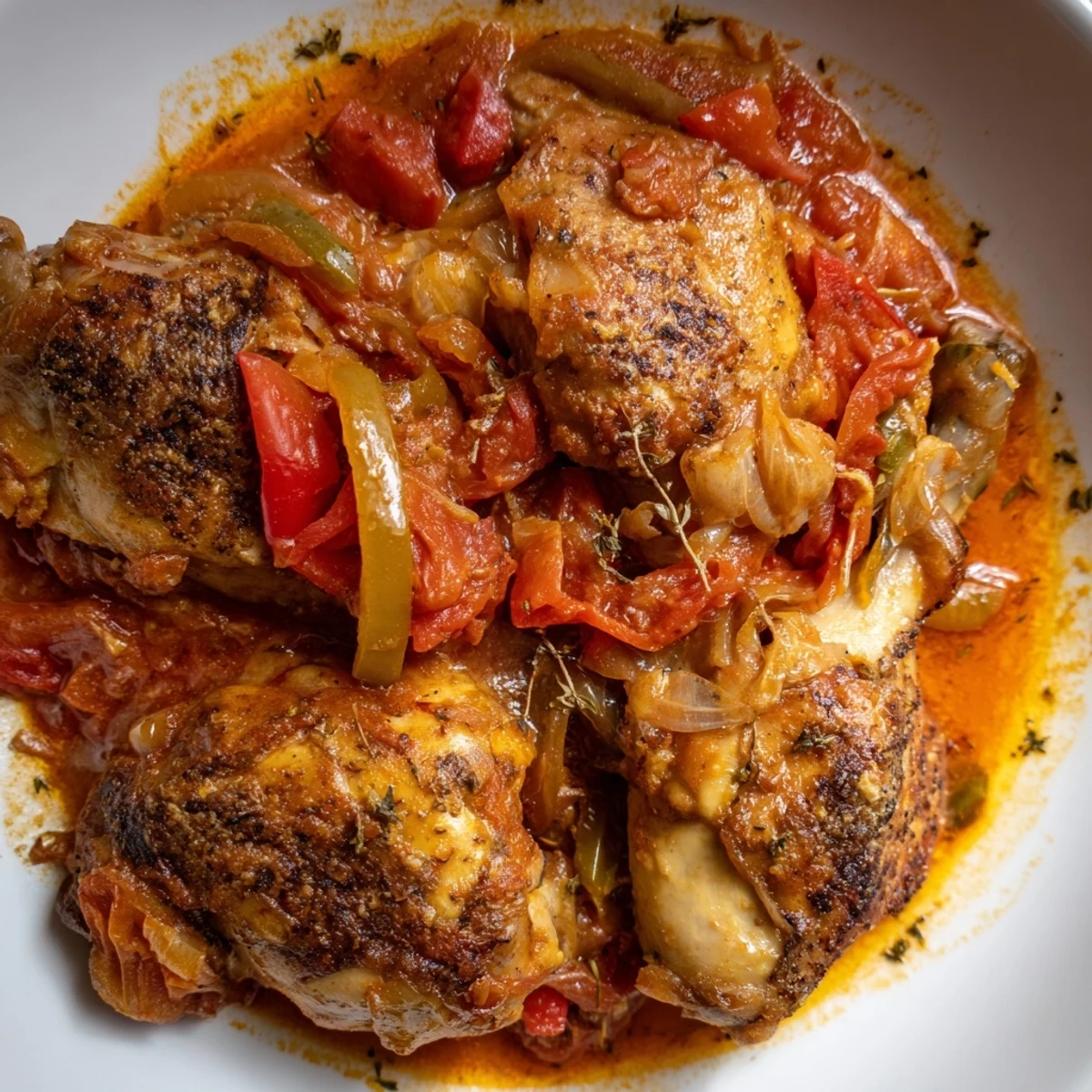 Golden brown Senegalese chicken pieces nestled in thick, savory onion and tomato stew