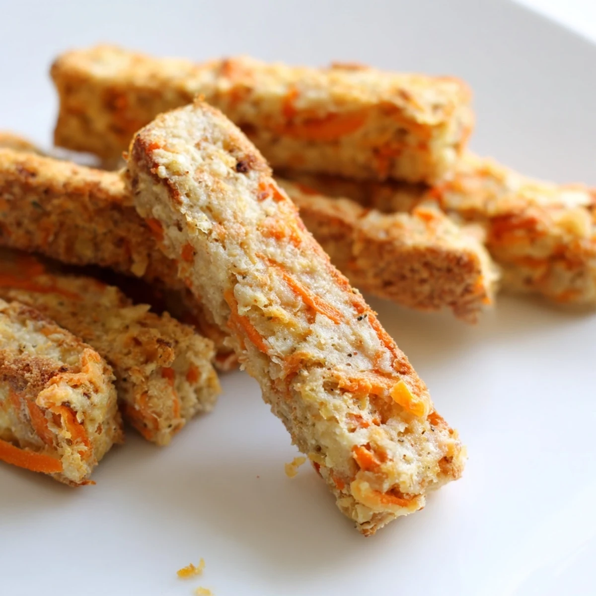 Golden brown apple and carrot dog chew sticks arranged on a parchment-lined baking sheet ready for treating