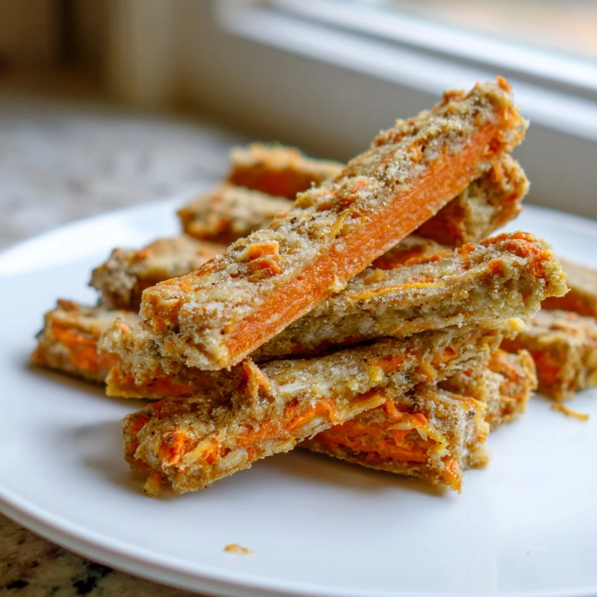 Homemade apple and carrot dog chew sticks with a crispy texture perfect for rewarding your happy pup