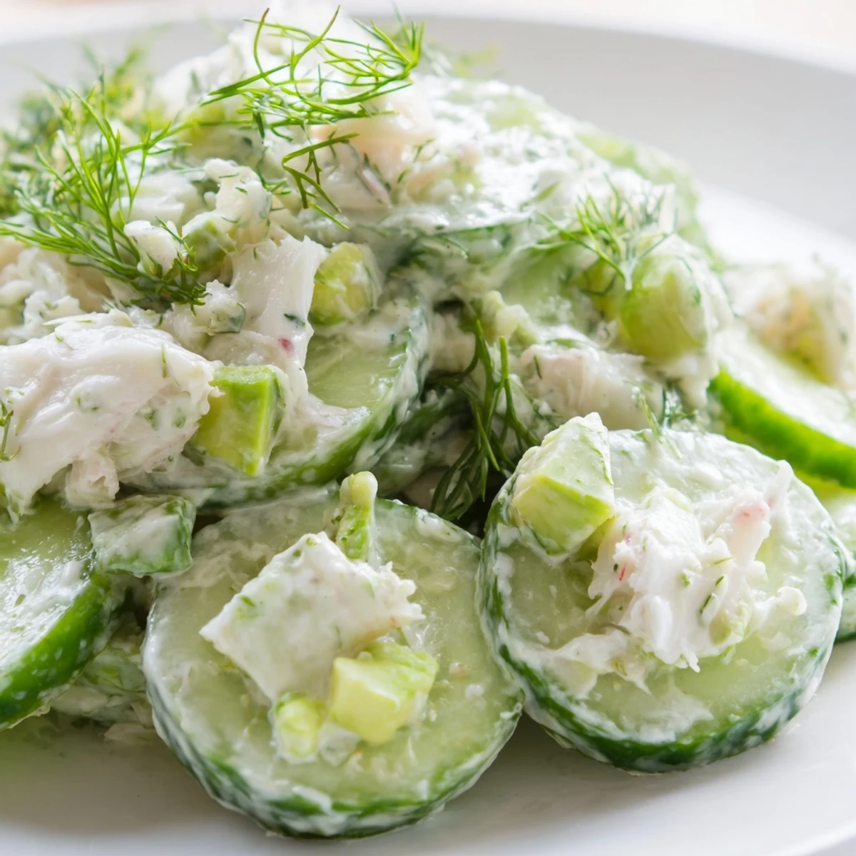 Cucumber salad with crab meat topped with fresh dill and lemon wedges on a white plate