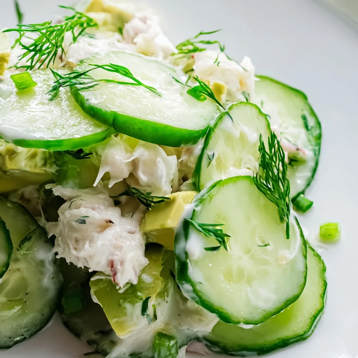 Creamy cucumber salad with crab meat featuring crisp sliced cucumbers and tender sweet crab pieces