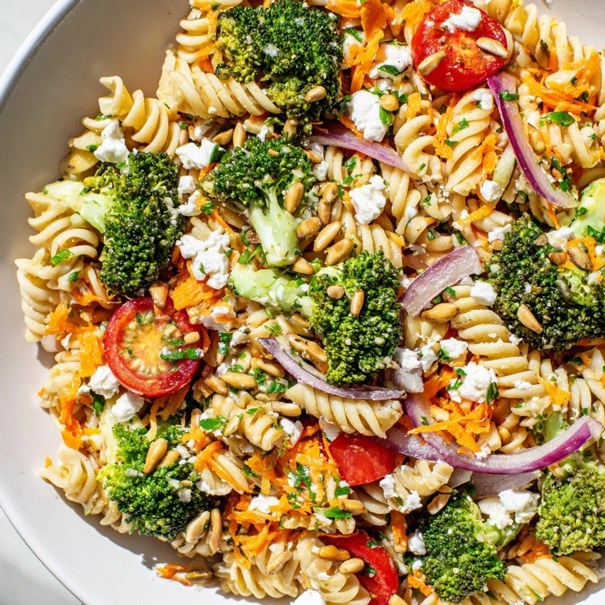 Fresh broccoli pasta salad with crisp florets, tender noodles, and zesty lemon dressing
