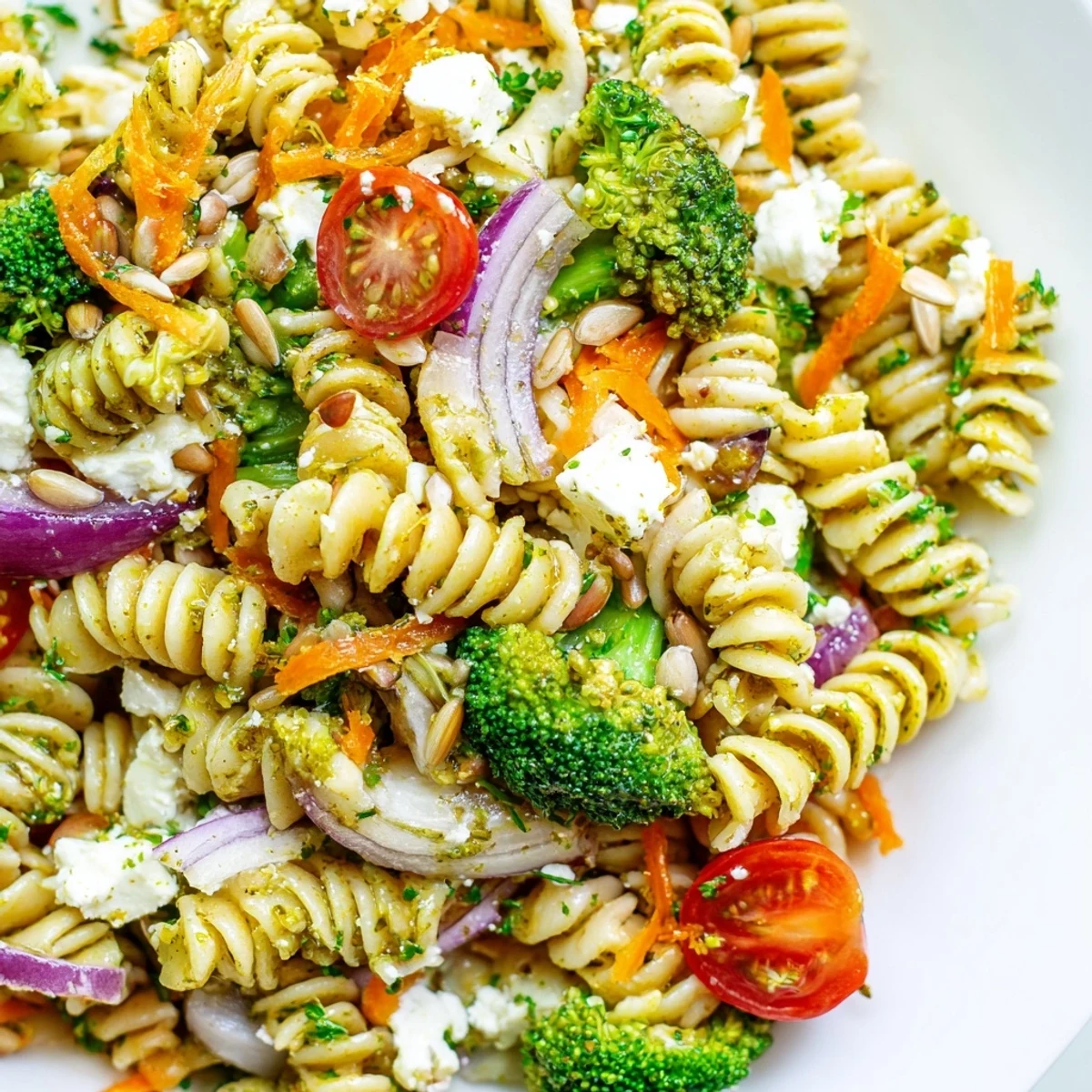 Bright green broccoli pasta salad studded with juicy tomatoes and crunchy sunflower seeds