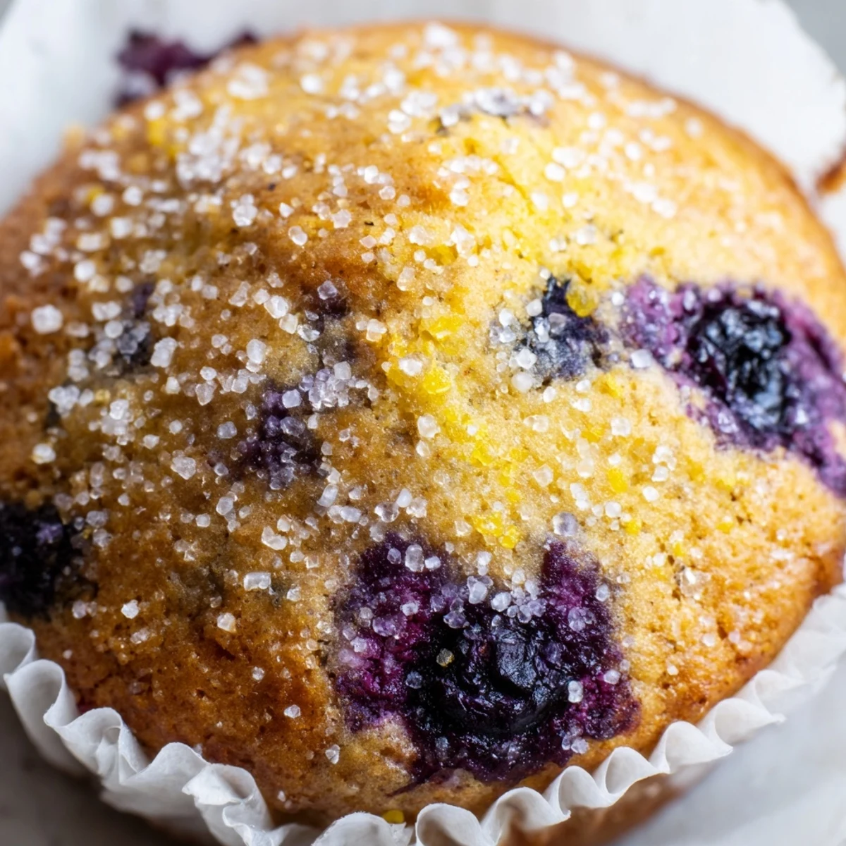 Golden lemon blueberry muffins with sparkling sugar tops on a white cooling rack