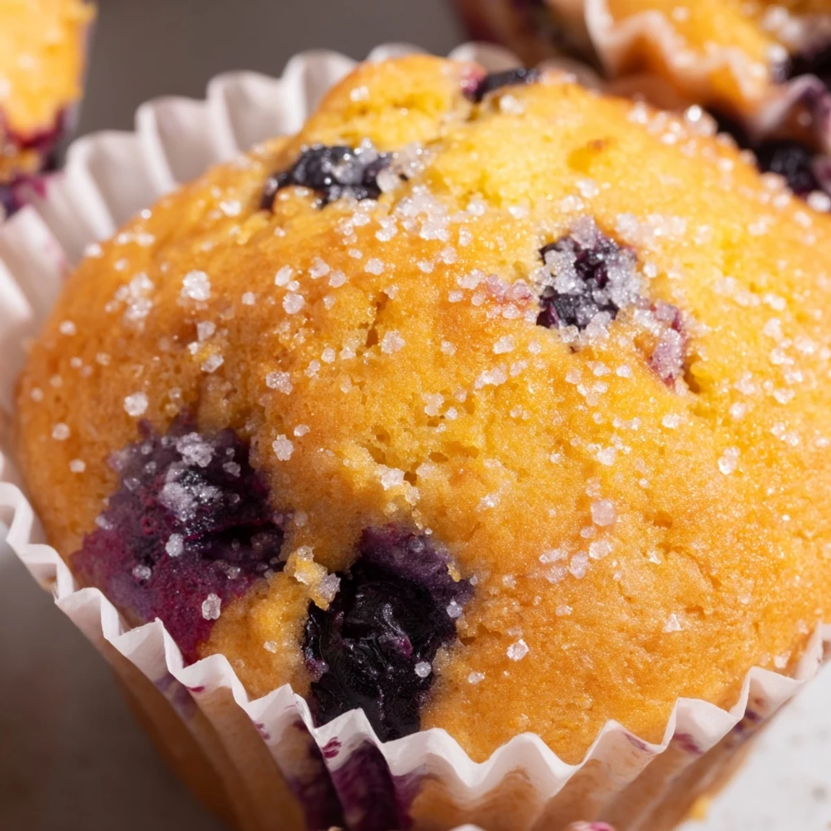 Moist lemon blueberry muffins bursting with fresh berries and topped with coarse sugar