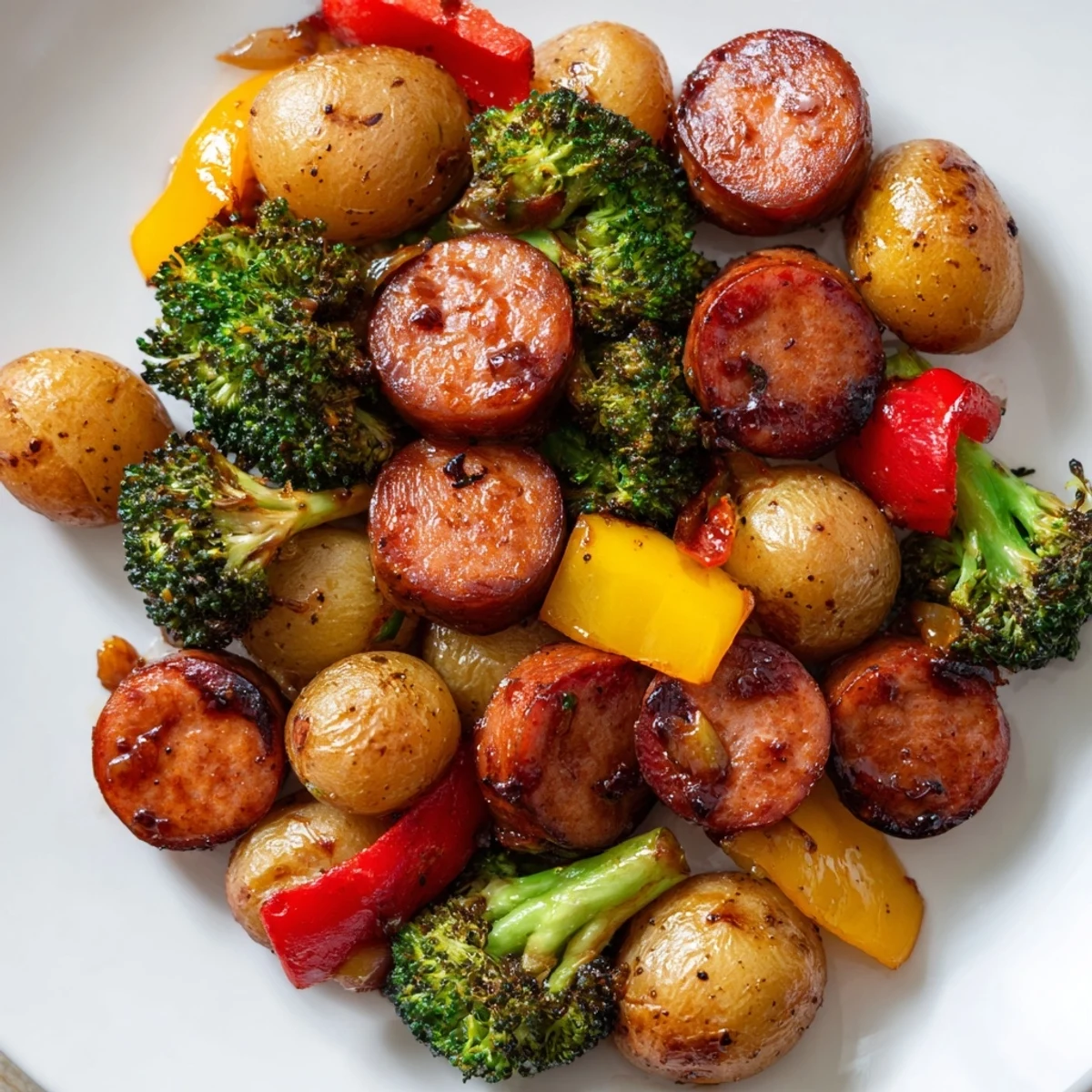 One Pan Honey Garlic Kielbasa Veggies arranged on a baking sheet with colorful roasted vegetables and glossy glaze