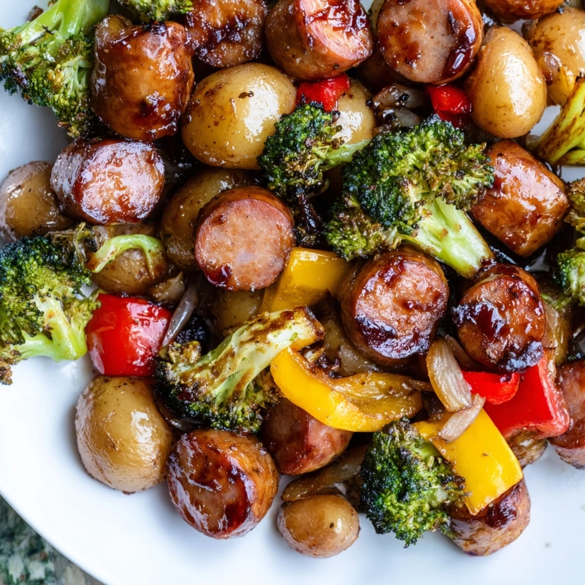Sliced kielbasa and tender-crisp vegetables coated in sticky honey garlic sauce fresh from the oven