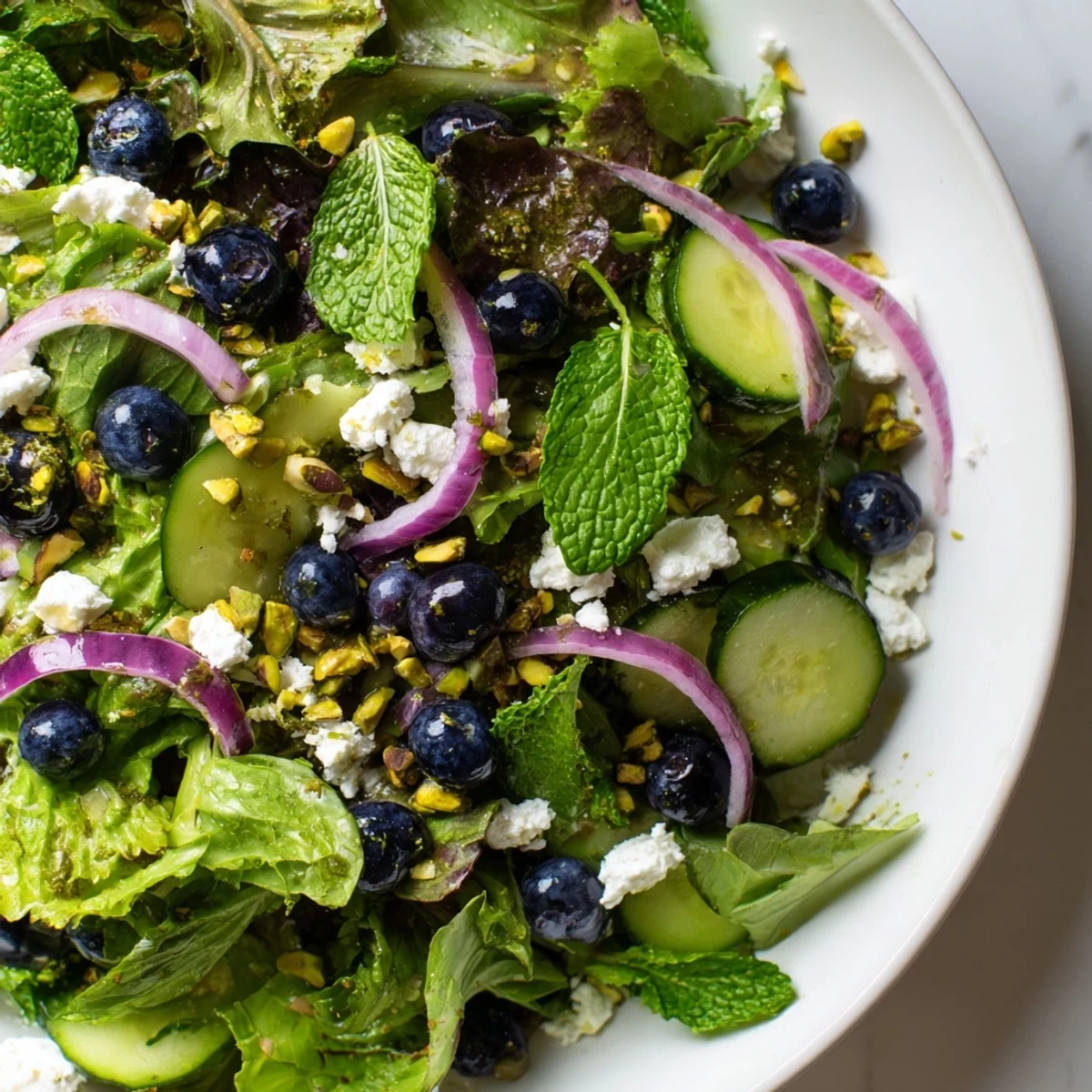 Blueberry Pistachio Spring Salad topped with crumbled feta and scattered chopped nuts