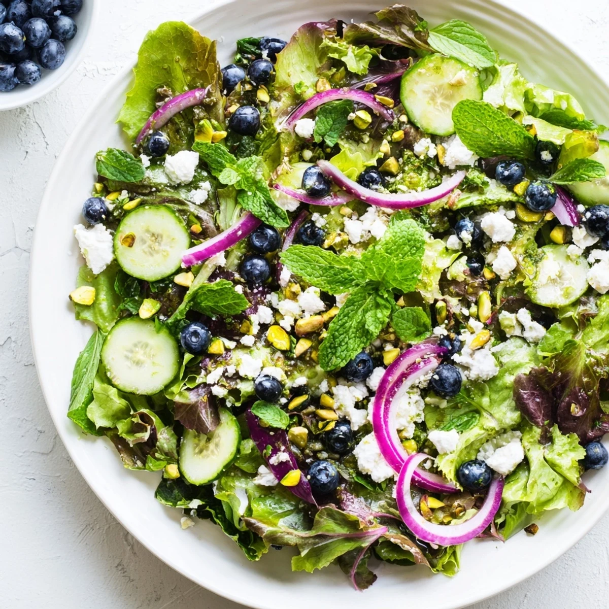 Fresh Blueberry Pistachio Spring Salad drizzled with bright lemon-honey vinaigrette in bowl