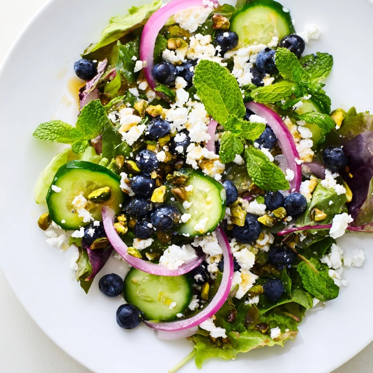 Crisp Blueberry Pistachio Spring Salad featuring juicy berries, crunchy nuts, and creamy feta
