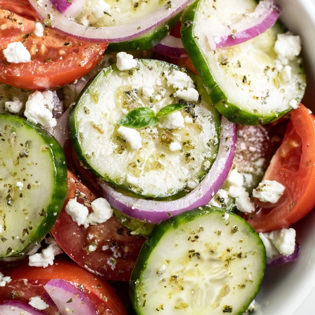 Fresh Italian cucumber salad with ripe tomatoes, red onion, and zesty herb dressing in a white serving bowl