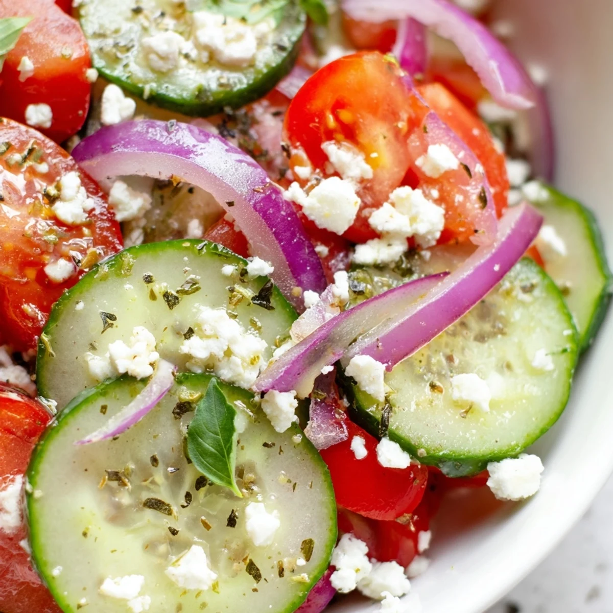 Crisp sliced Italian cucumber salad tossed with colorful vegetables and glossy vinaigrette on a rustic wooden table