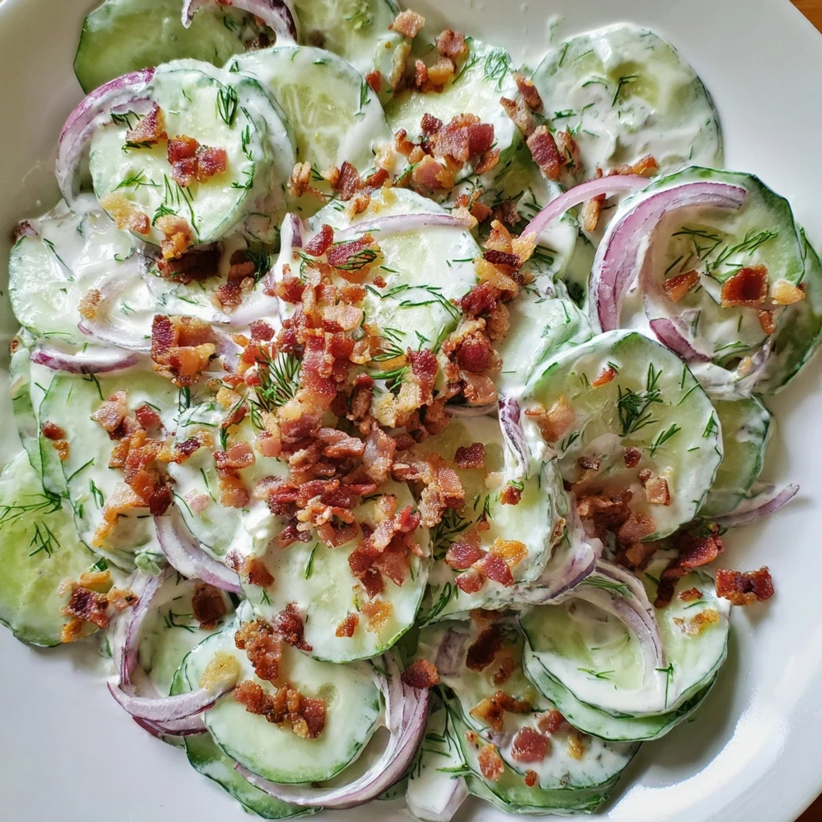 Crisp cucumber salad with smoky bacon crumbles drizzled in creamy tangy yogurt dressing
