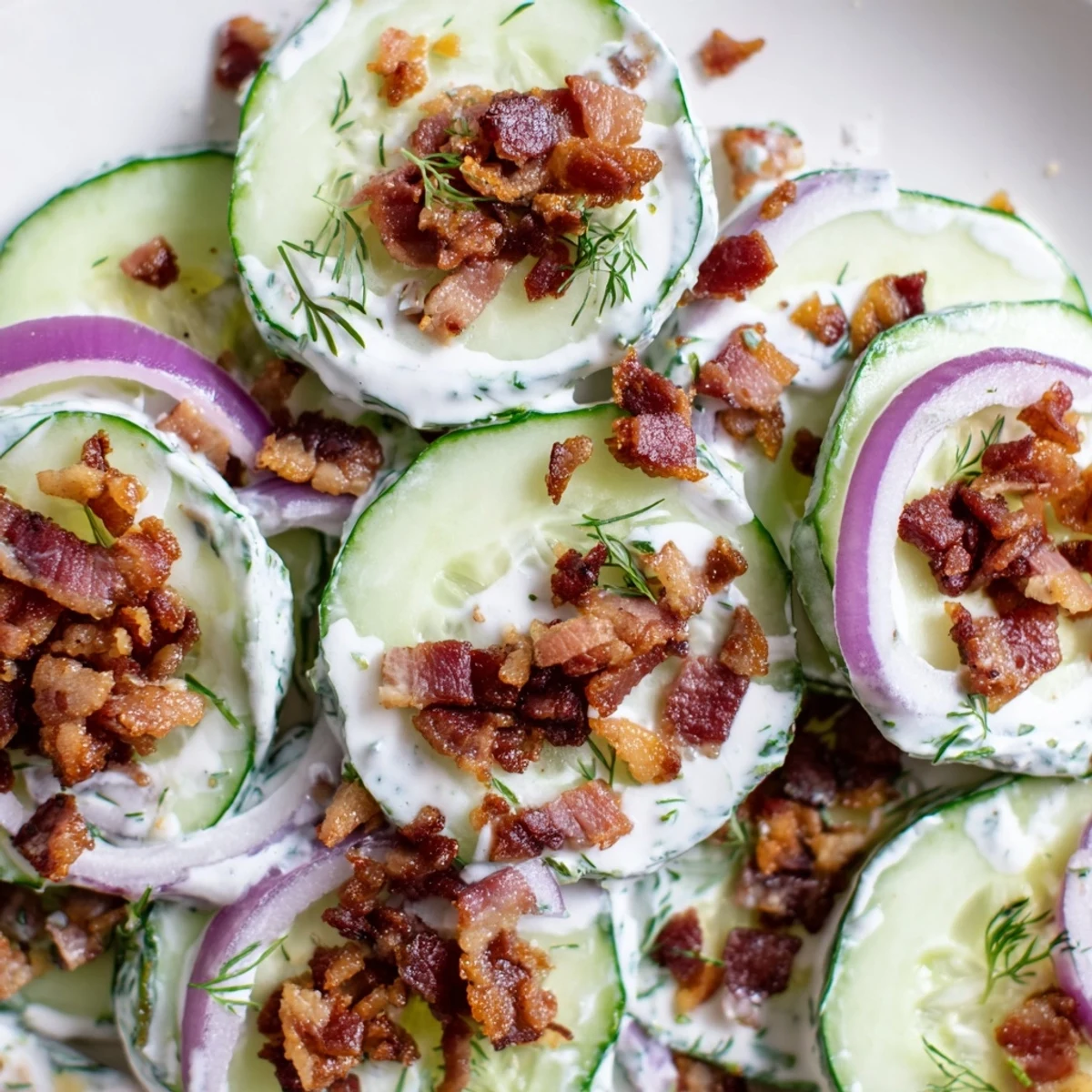 Healthy cucumber salad with bacon featuring thinly sliced red onion and fresh dill garnish