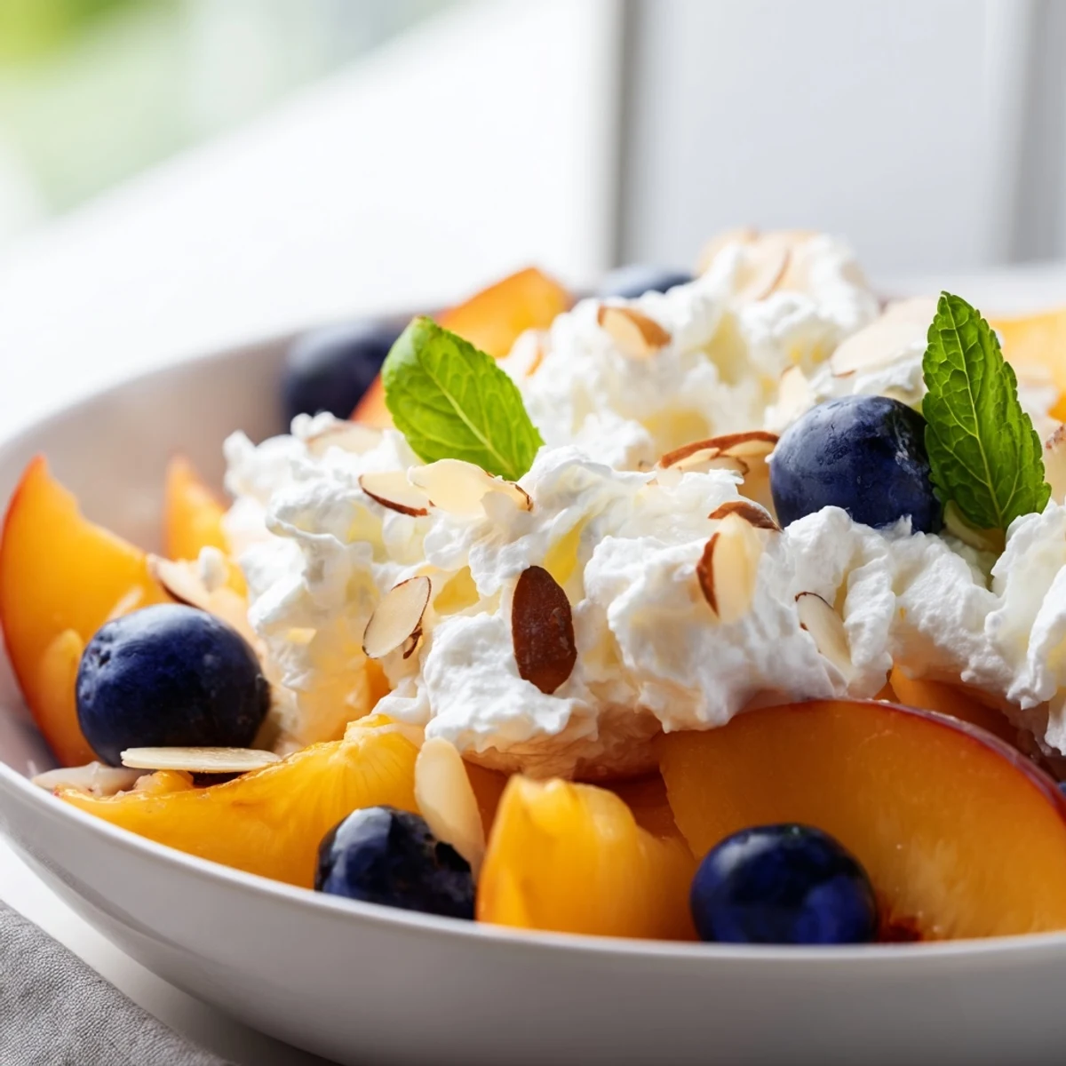 Creamy peaches and cream salad layered with ripe peach slices and fresh mint