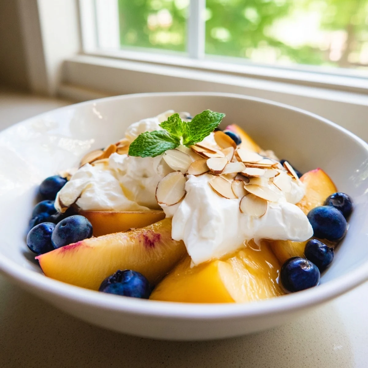 Juicy sliced peaches nestled in fluffy whipped cream garnished with mint and almonds