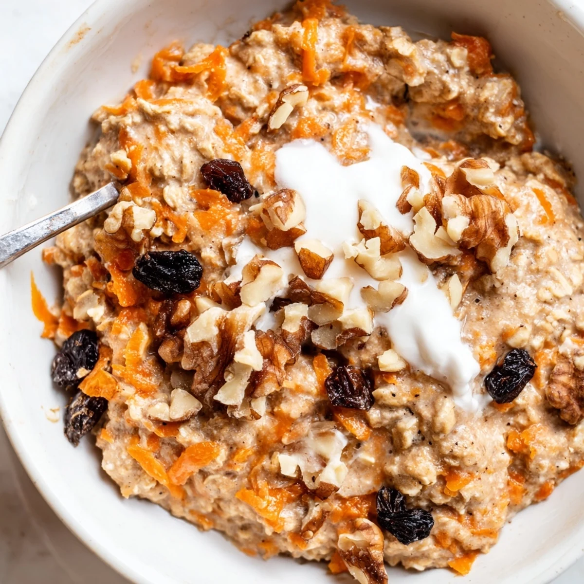 Golden carrot cake overnight oats served chilled with Greek yogurt and shredded coconut topping