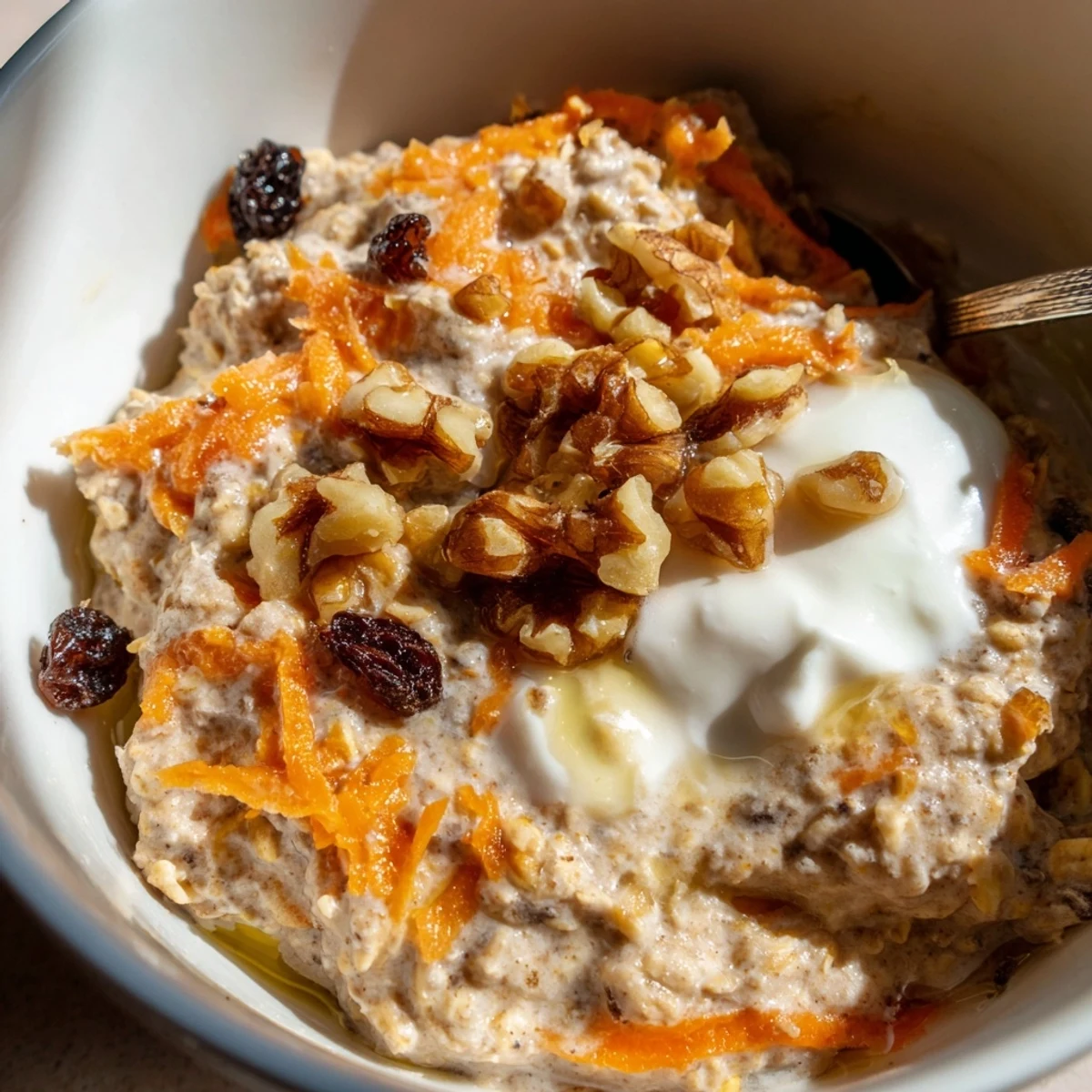 Spiced carrot cake overnight oats in a jar with grated carrots and raisins visible