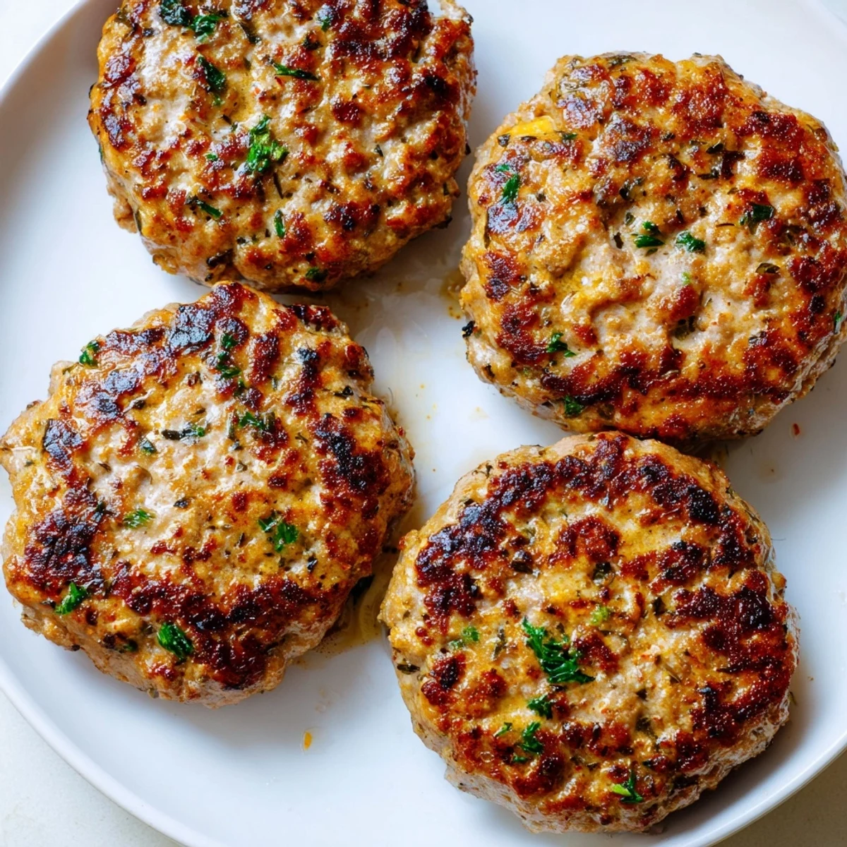 Golden brown ground turkey sausage patties sizzling in a cast iron skillet