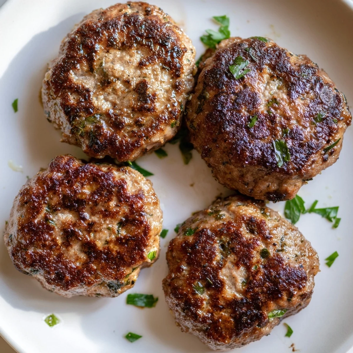 Juicy ground turkey sausage patties served alongside scrambled eggs for breakfast