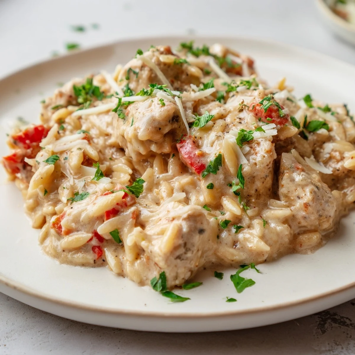 Creamy Cajun Chicken Alfredo Orzo in a cast iron skillet topped with parsley