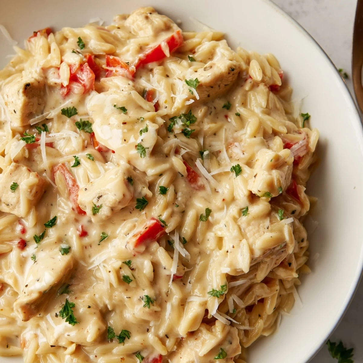 Steaming bowl of Cajun Chicken Alfredo Orzo with tender chicken and red peppers