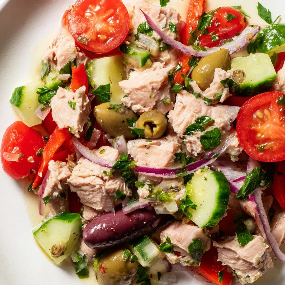 Crisp cucumber and roasted red peppers tossed through Mediterranean tuna salad with lemon dressing