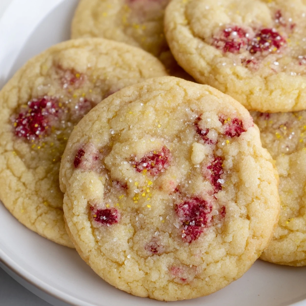 Soft lemon raspberry cookies with golden edges and juicy red berries on rustic baking sheet