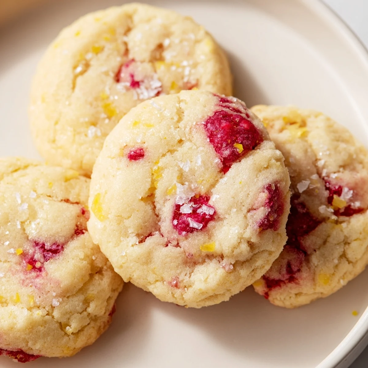 Fresh lemon raspberry cookies topped with powdered sugar served beside glass of cold milk