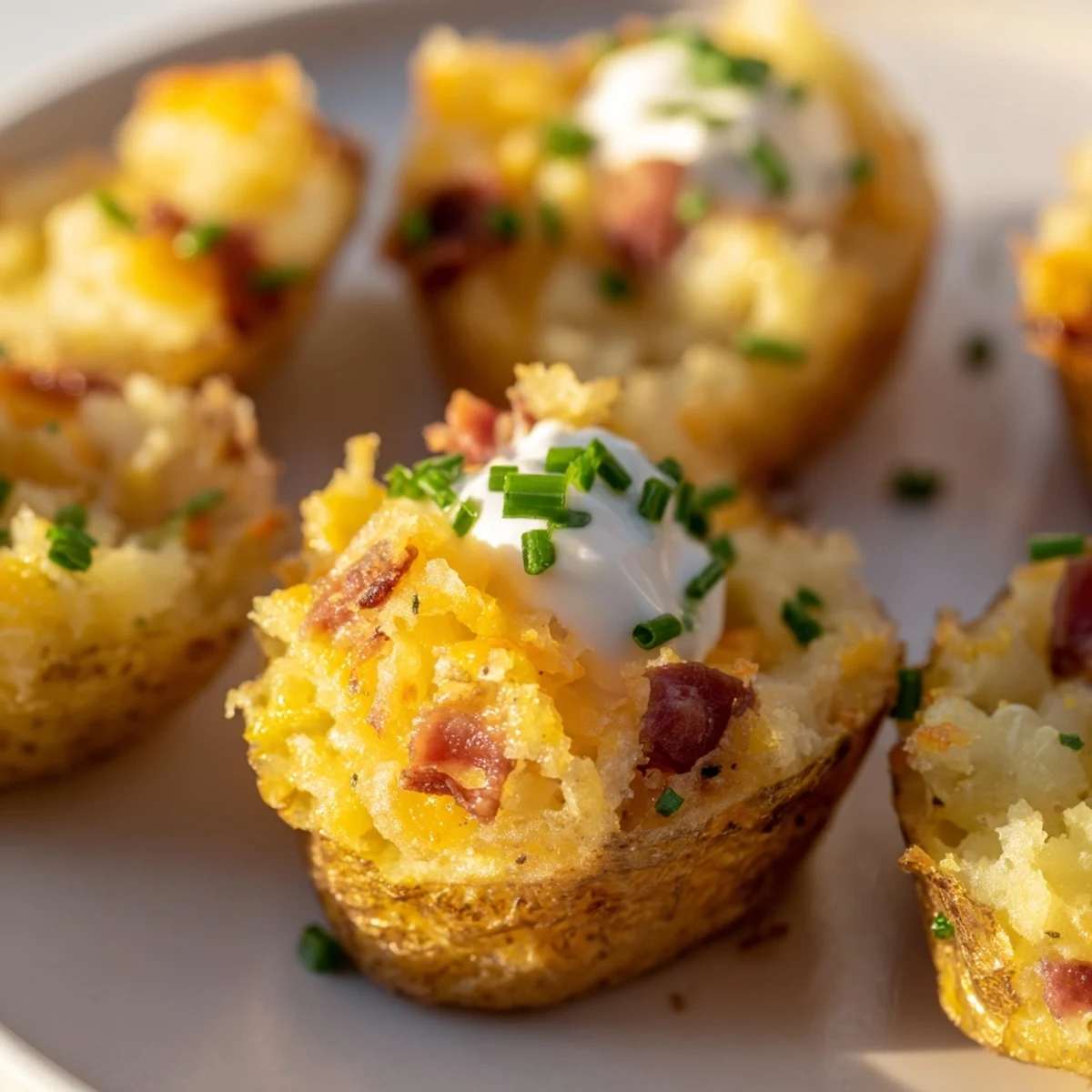 Golden Irish Potato Bites filled with melted cheddar and crispy bacon on a rustic baking sheet