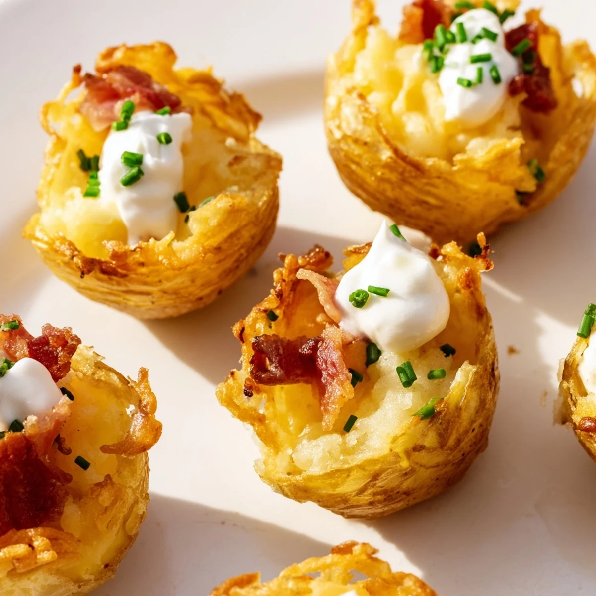 Crispy Irish Potato Bites topped with melted sharp cheddar cheese and fresh green chives