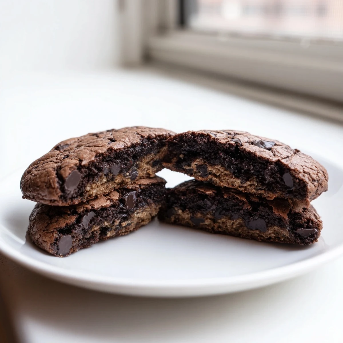 Crackly topped fudgy brownie cookies revealing a creamy eggless cookie dough center