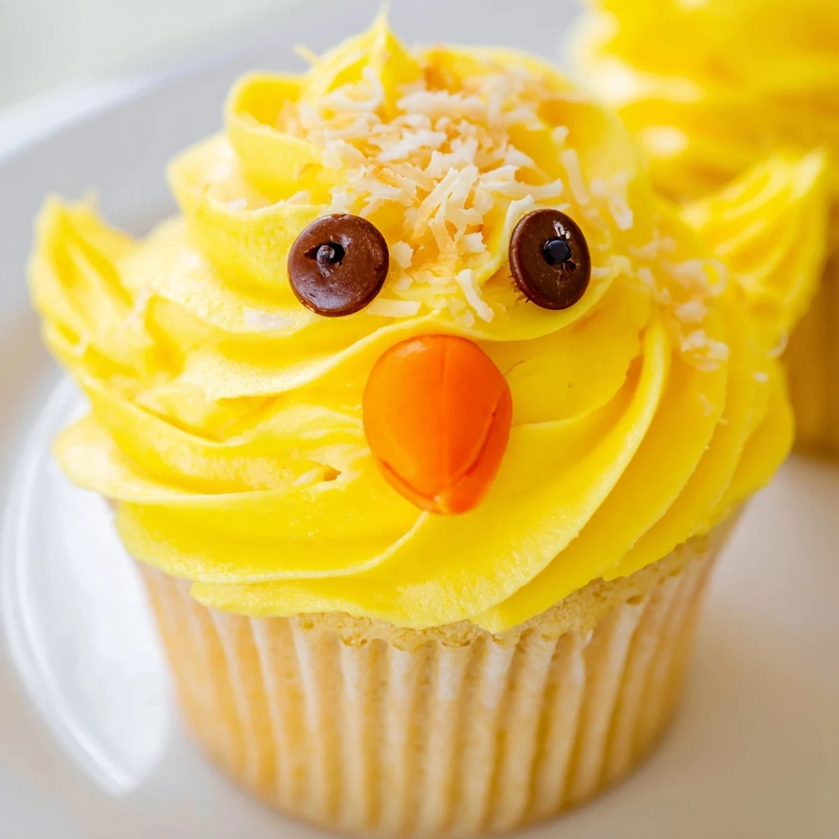 Festive Easter Chick Cupcakes topped with swirled buttercream, chocolate chip eyes, and orange beaks