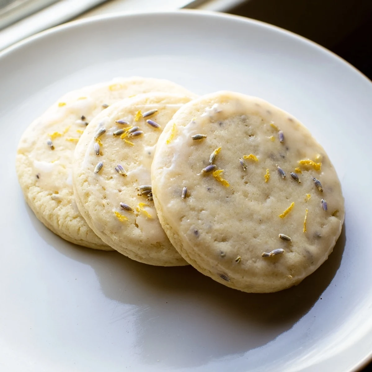 Soft Lemon Lavender Cookies with golden edges arranged on a rustic white ceramic plate
