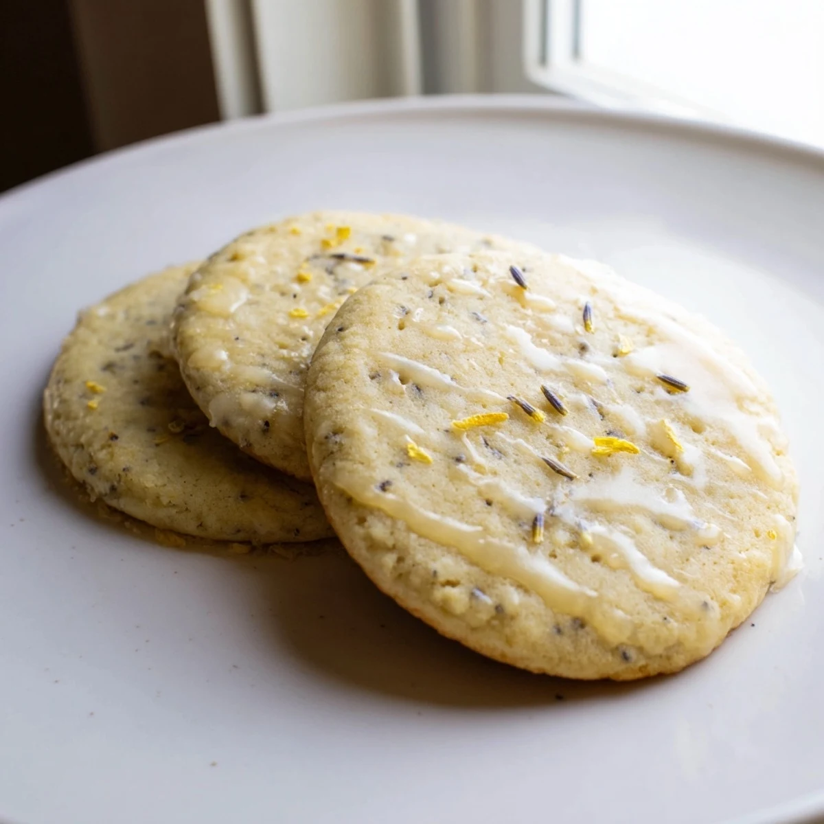 Chewy homemade Lemon Lavender Cookies dusted with powdered sugar beside a steaming teacup