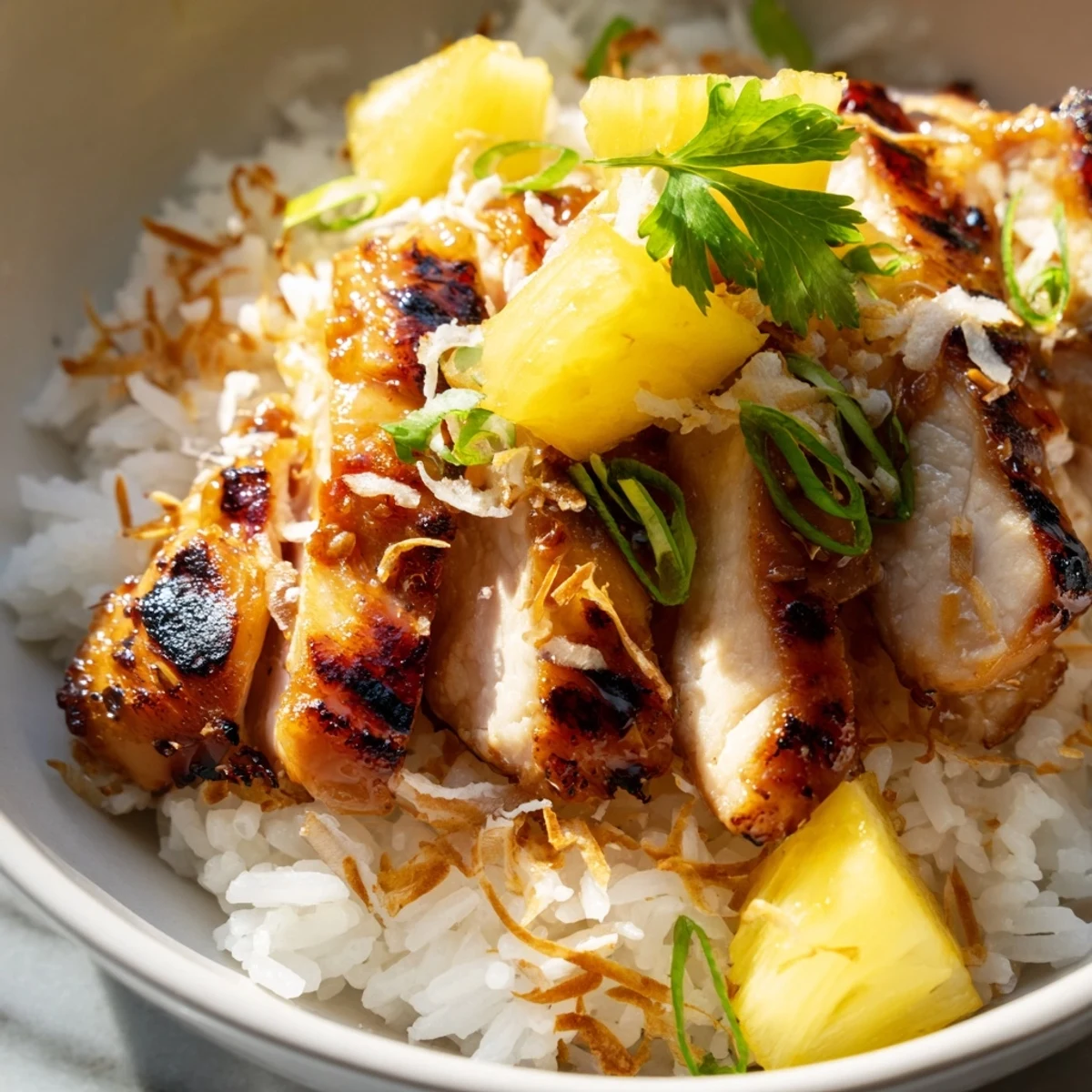 Grilled Hawaiian Chicken Coconut Rice topped with fresh pineapple chunks and green onions